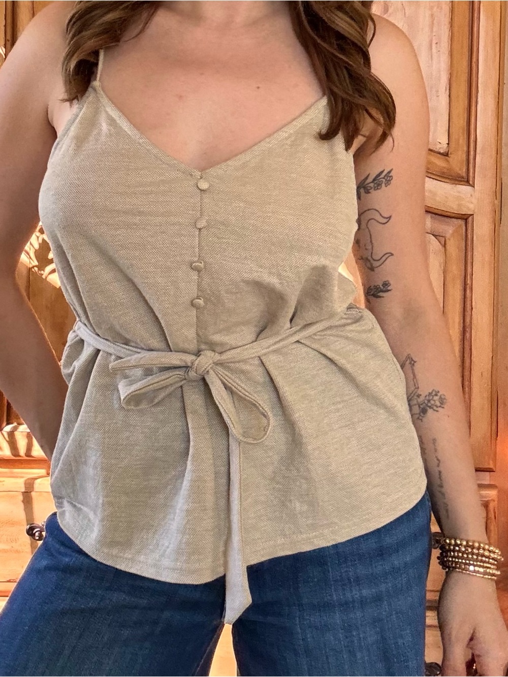 Tie-Waist V-Neck Cami in Light Beige